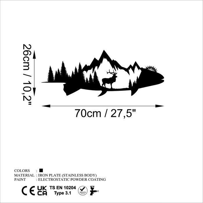 Wallity Mountain And Deer Escultura de Pared de Metal Negra